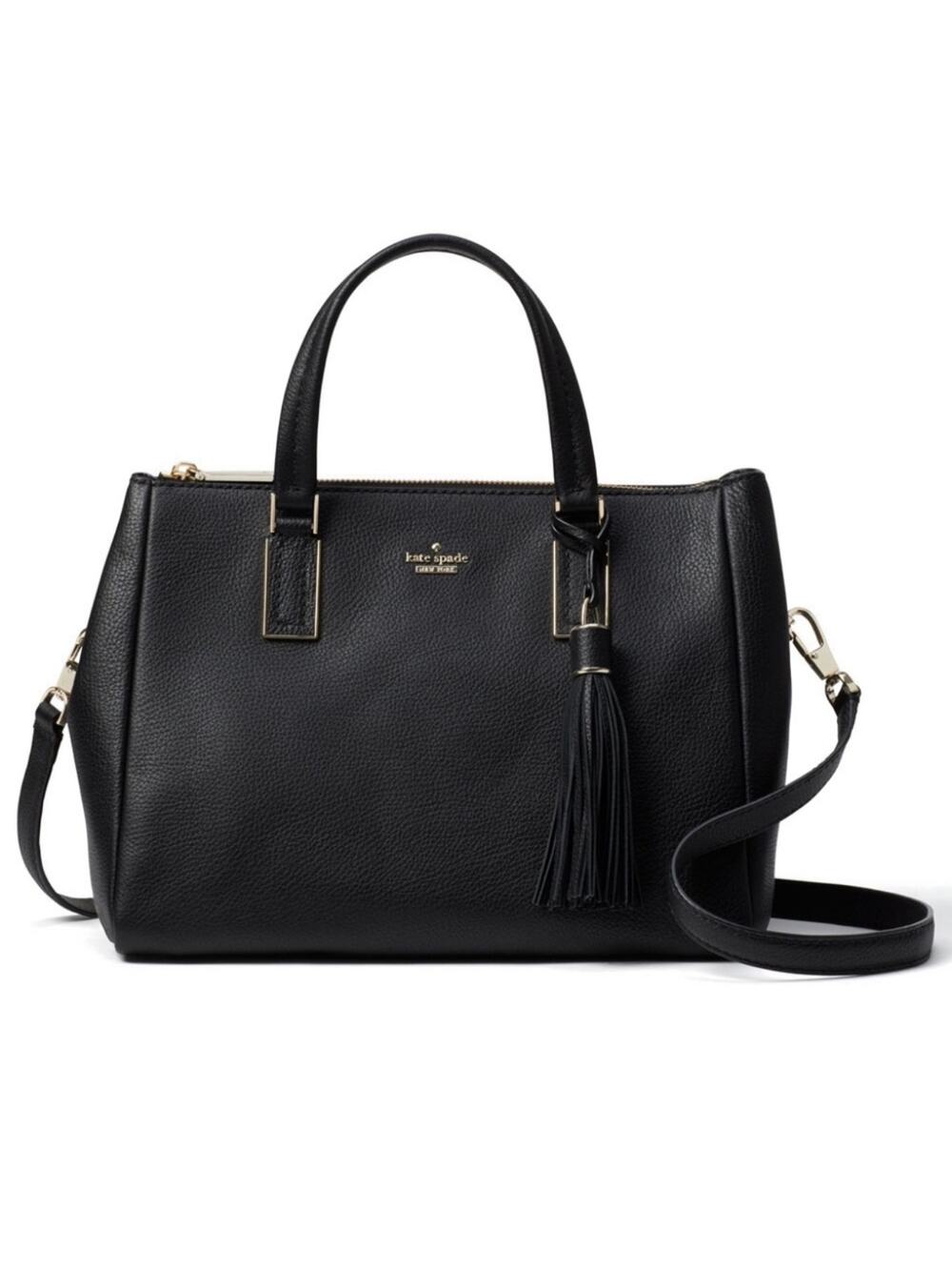 Kate Spade Small Top Zip Alena Black Leather Satchel Shoulder Bag Tassel Fob